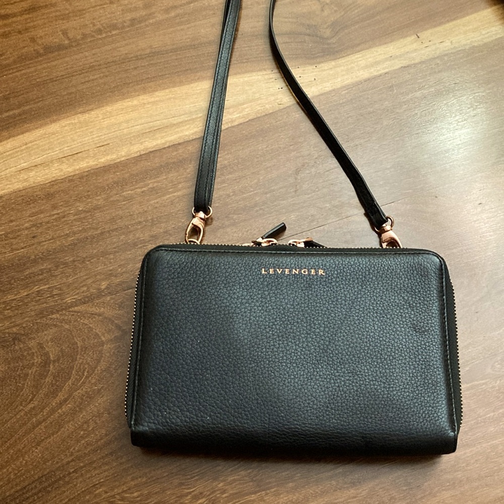 Levenger ‘Carrie Convertible Clutch’pebbled leather, rose gold hardware -6” x 9”